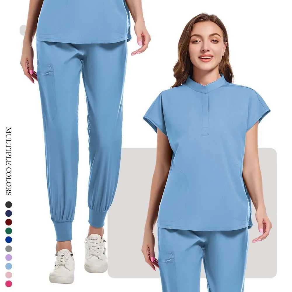 Plus Size Scrubs Set Women Medical Nurse Uniforms Stand Neck V-cut Scrub Top Jogger Pants Vet Doctor Healthcare Workers Workwear X250410