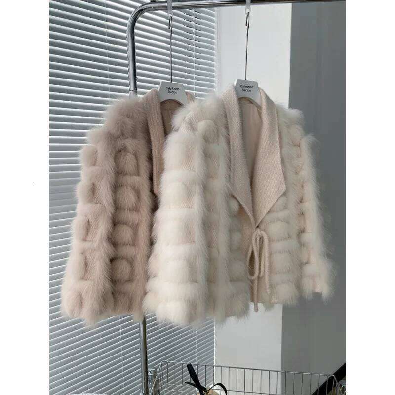 Young Women's Fox Fur Coat Knitted Open Cardigan Winter Fashion Design Long Sleeve Ice Cream Color Urban Style Adult Size