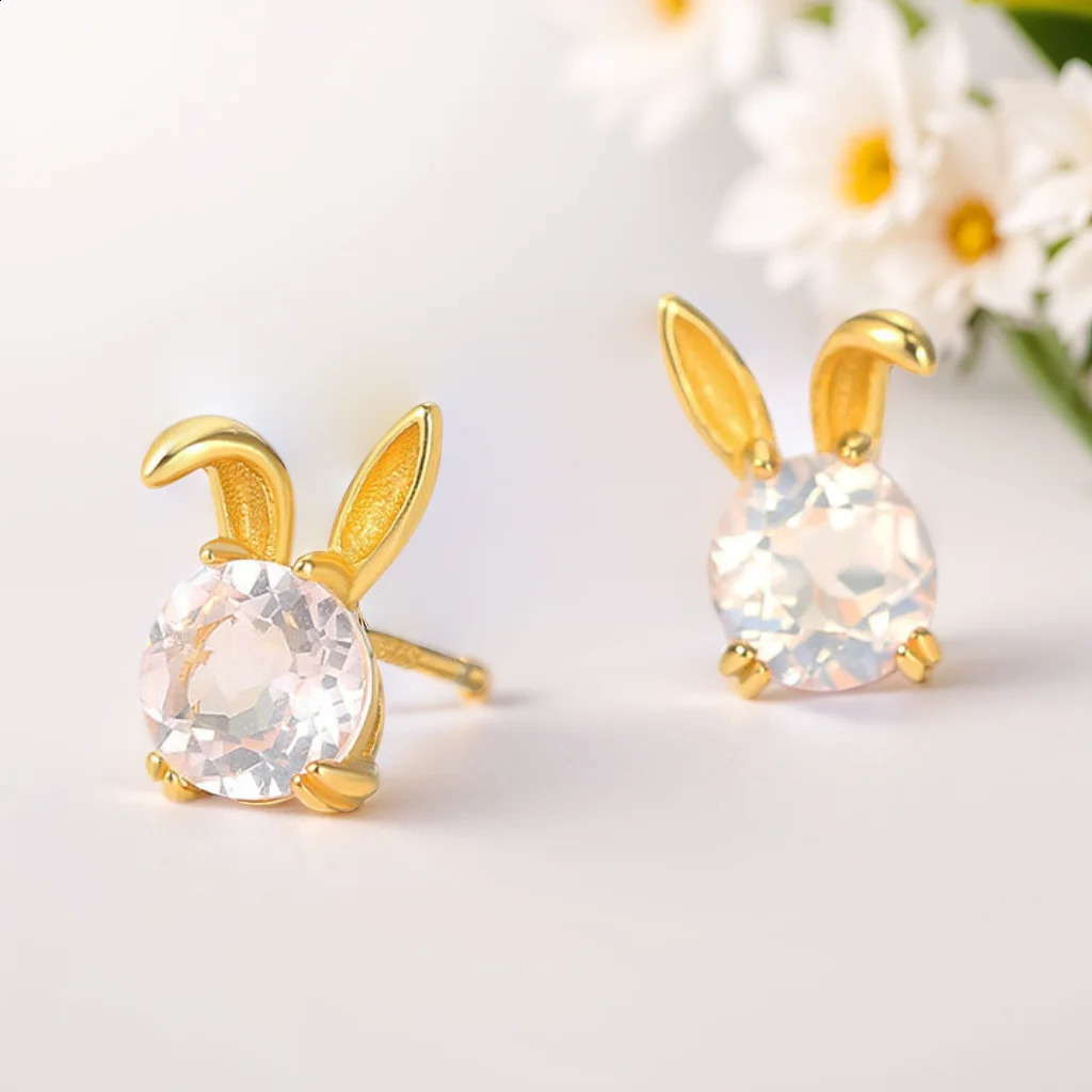 Vintage natural rose quartz cute rabbit S925 womens silver stud earrings 14K gold-plated exquisite jewelry earrings cute earrings 250409