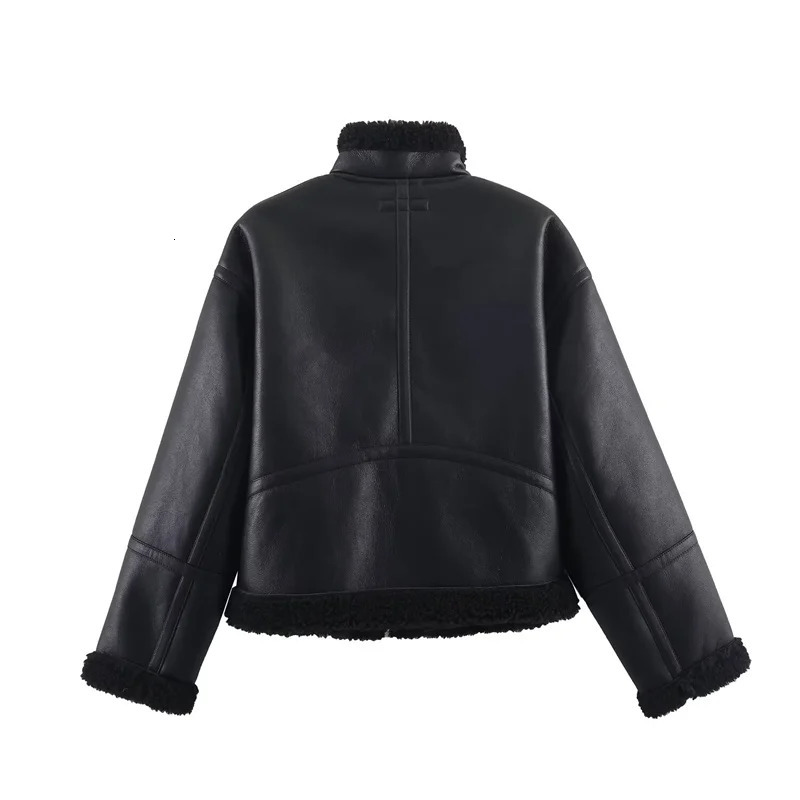 Womens Jacket Winter Style Black Long Sleeve Faux Leather Fleece Lined Warm Jacket Casual Fashion Versatile 251105