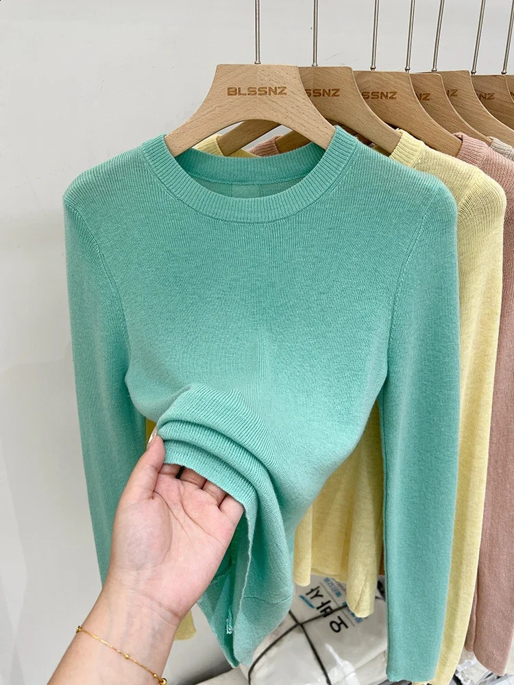 Spring Basic ONeck Ultra Thin Tshirt for Women Solid Color Multi Matching Trend Casual Top Screw Knitted Long Sleeve Elastic Office 250411Z