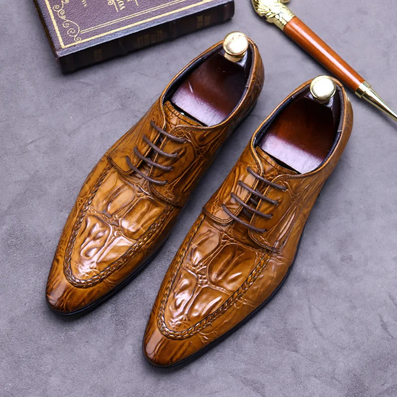 Men Pattern Genuine Leather Dress Shoes Pointed Toe Men Formal Business Wedding Shoes 251106