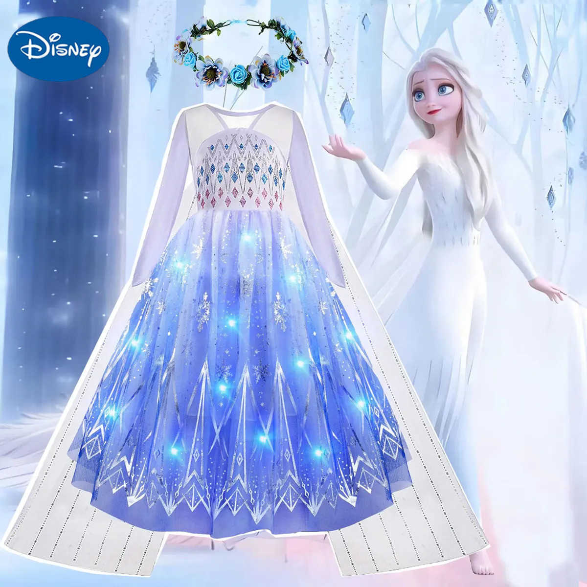 Disney 2024 Halloween Carnival Frozen Little Girl Princess Classic Costume Fantasy Role Playing White Dress Elsa LED Strip CostumeXJ250411