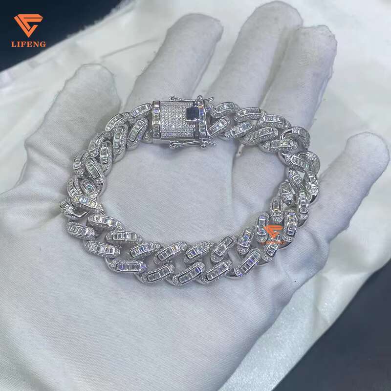 Lifeng 15mm VVS Moissanite Hip Hop Bracelet 925 Sterling Silver Iced Cuban Link Chain With Gold Plating Fine Jewelry