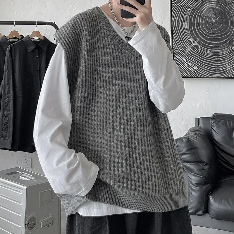 Mens sweater vest 5XL Korean preparatory style knitted sleeveless Vneck solid streetwear youthful and energetic simple fully matched top 250411Z