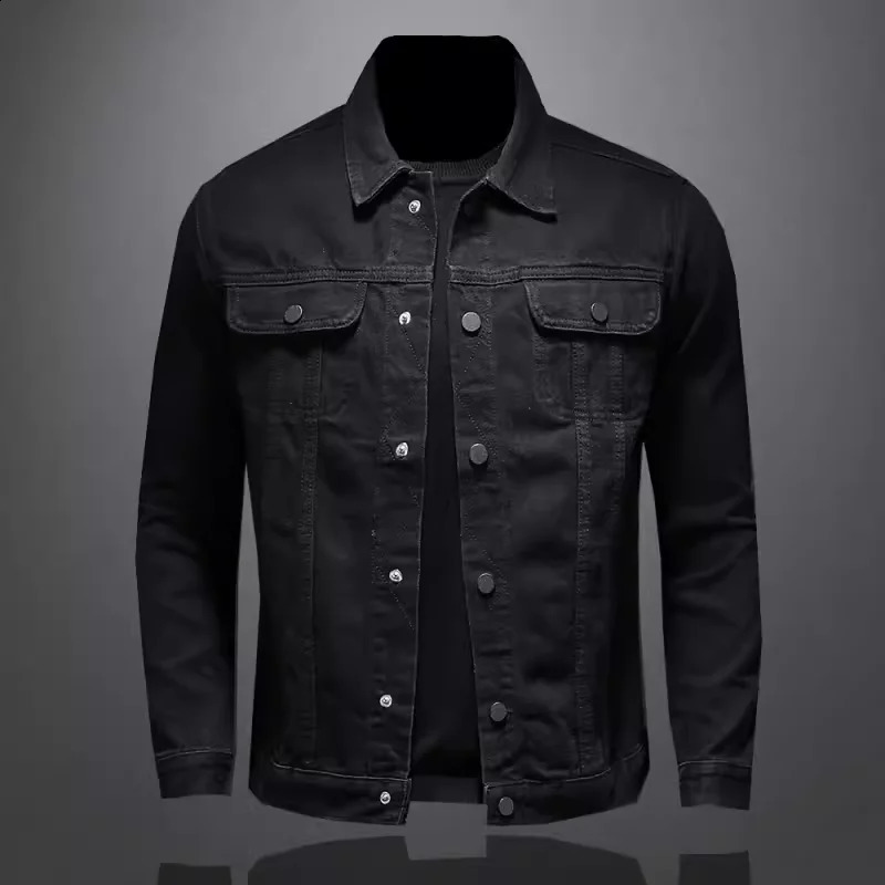 High quality fashionable handsome trend black button multi pocket solid color denim jacket mens 250401