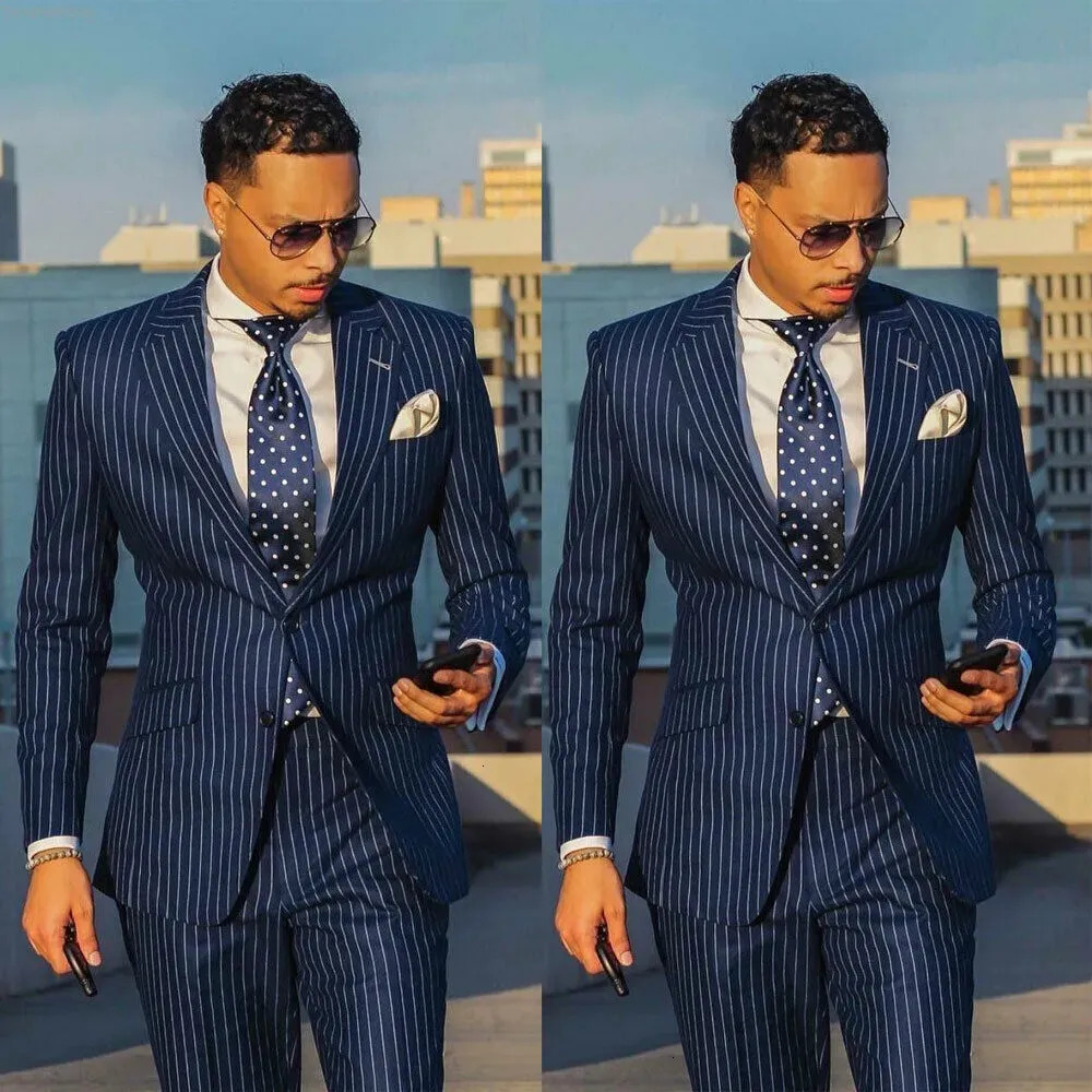 designer for Men's full dress Suits Blazers Classic Navy Blue Chalk Stripe Wedding Tuxedos Suit Two Pieces Formal Business Jacket Groom Tuxedo Blazer