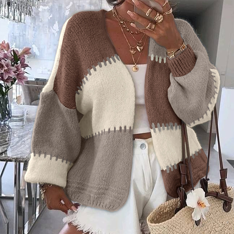 Women's color-block top V-neck long-sleeved sweater patchwork color blocks popular in autumn and winter versatile for all occasions-----TVL102