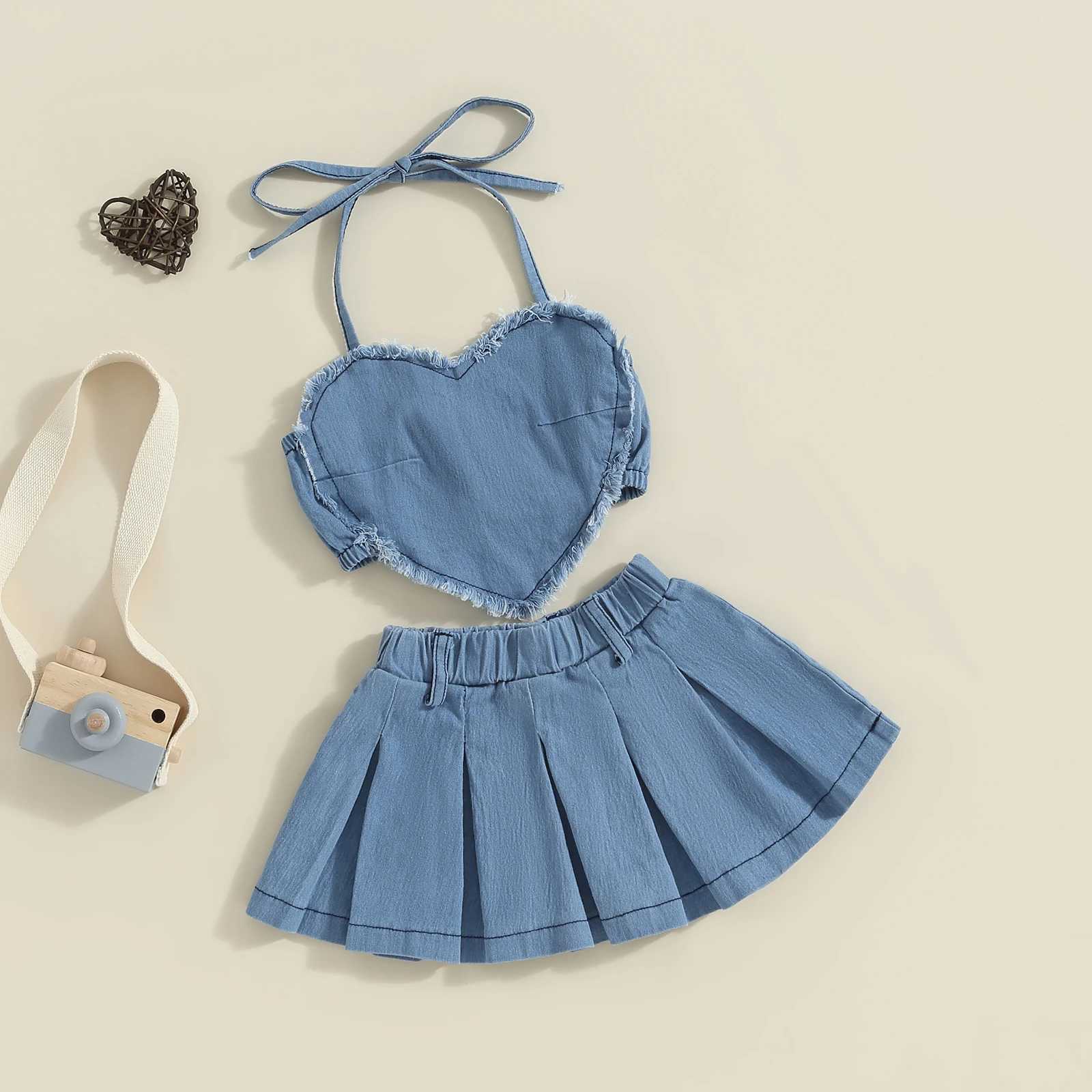 Pudcoco Childrens Baby Girls 2Pcs Denim Set Sleeveless Strap Collar Top+Wrinkle Skiing Set Childrens Clothing 1-6TXJ250410