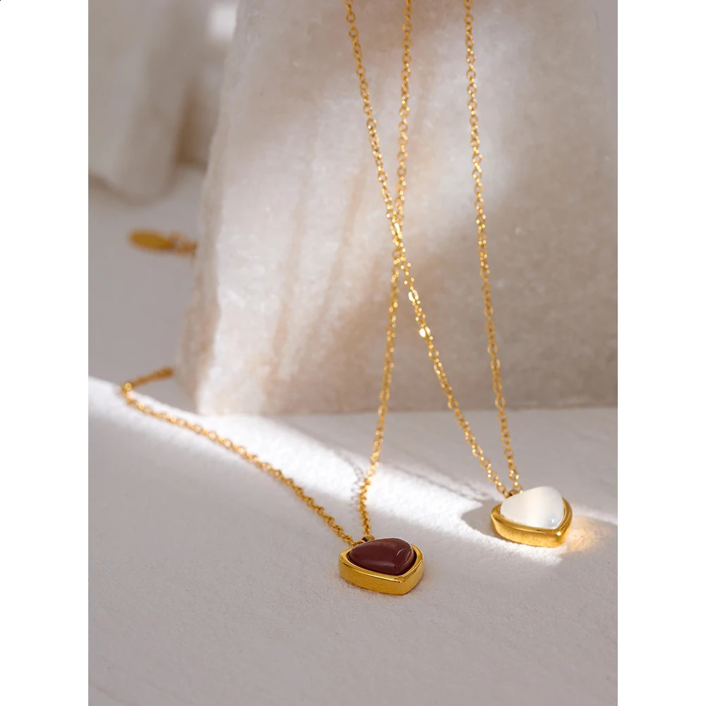 Yhpup Stainless Steel Heart Pendant Necklace Chain Jewelry Temperature Natural Stone Agate Necklace Womens Necklace 250409