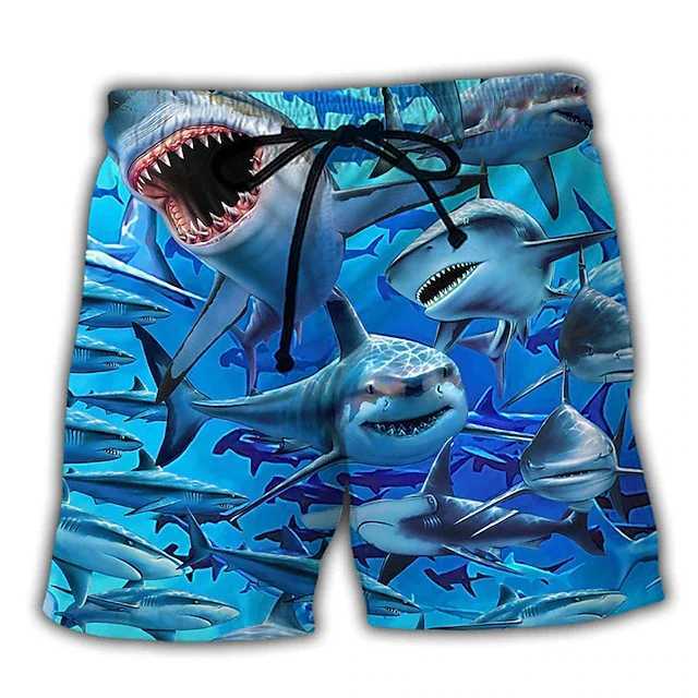New mens board shorts swimming shorts drawstring shark graphic printing fast drying casual holiday Hawaiian shortsW250410