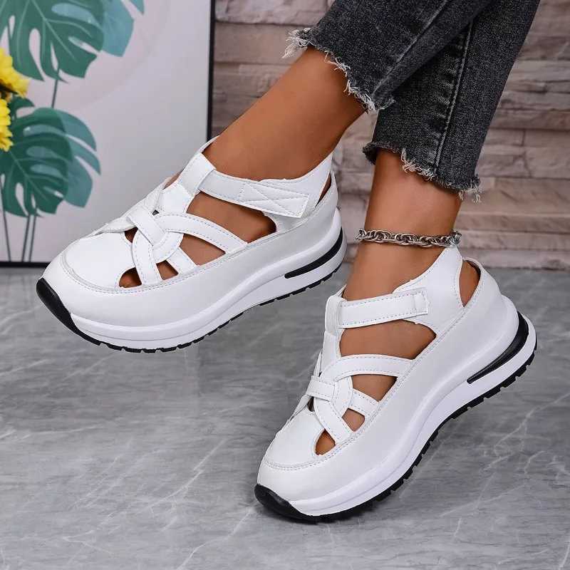 Hot selling womens sandals 2025 new item PU leather hollow design hook and loop N-slip thick soled sandals womens shoes no print ZapatosXJ250410