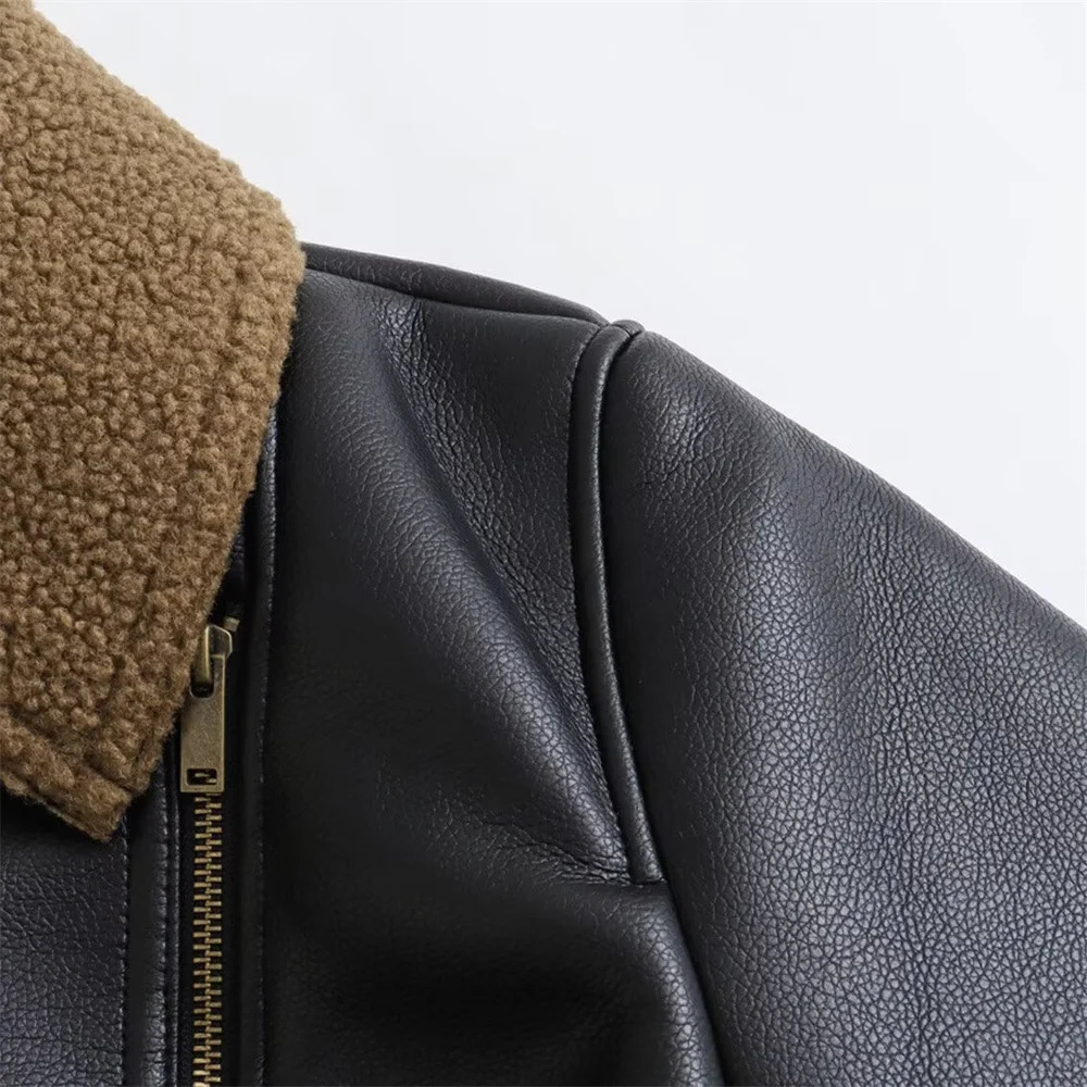 autumn womens fashionable niche fleece lining motorcycle style oblique zipper jacket 251105