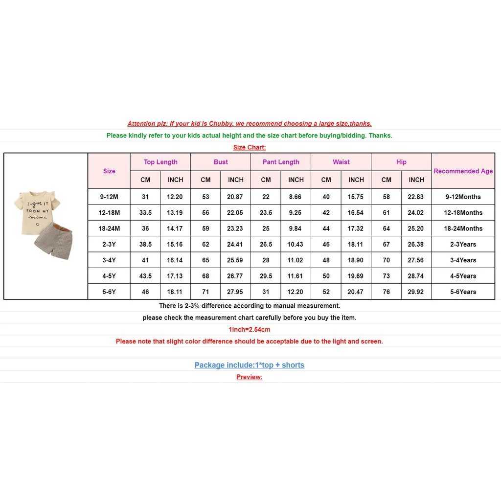 2PCS childrens girls clothing set with letter printing short sleeved top and checkered short sleeved summer childrens girls fashion set for 1-6 years 