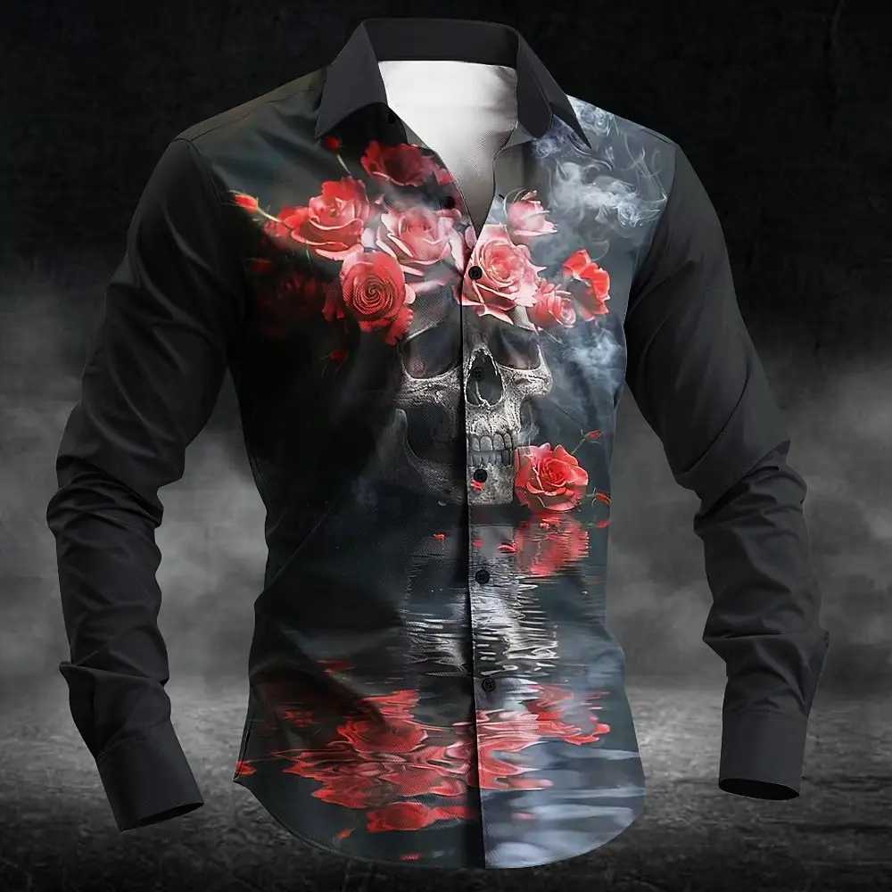 2025 Halloween Mens Letter Printed Blood Stains Shirt Button Up Shirt Long Sleeve Dark Punk Gothic Style Streetwear Mens Tops K251110