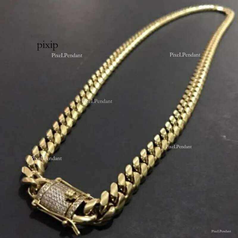 Moissanite Mens Gold Tone 316L Stainless Steel Necklace Cuban k Chain with Dias Clasp Lock