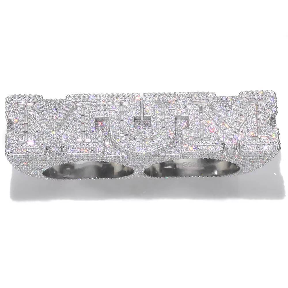 NUOYA 925 Silver Personalization Custom Letter Double Finger Ring Iced Out VVS Moissanite Luxury Hip Hop Fine Jewelry