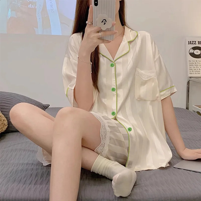 Womens Summer Ice Silk Pajamas Homewear Set for s Thin Striped Short-Sleeved Students Summer Casual Pajamas Homewear Se 250411