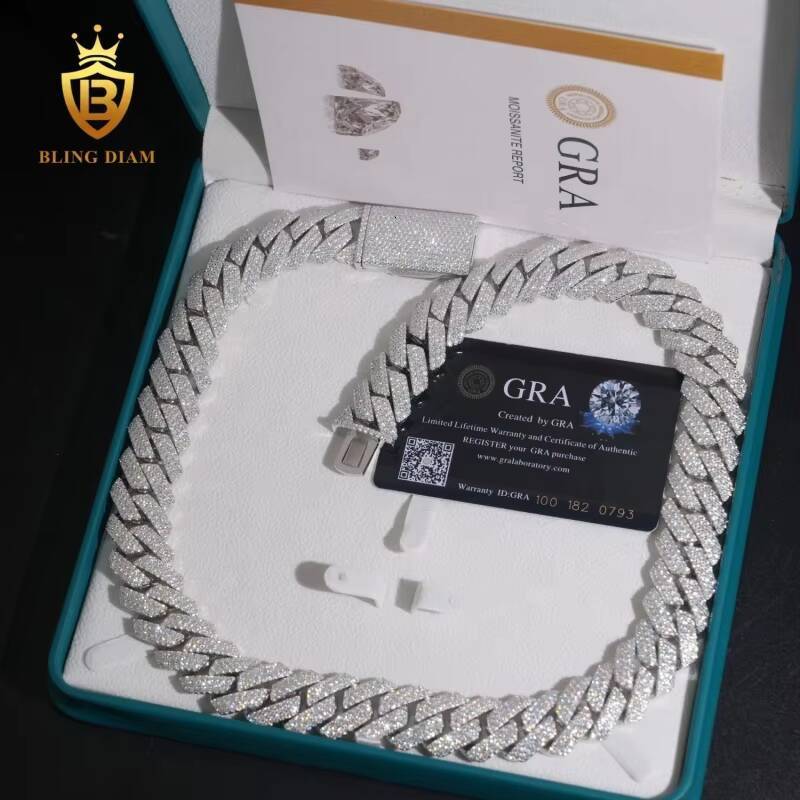 D Color VVS Moissanite Diamond Silver Cuban Link Sterling Silver 925 Iced Out Moissanite Cuban Link Chain Necklace