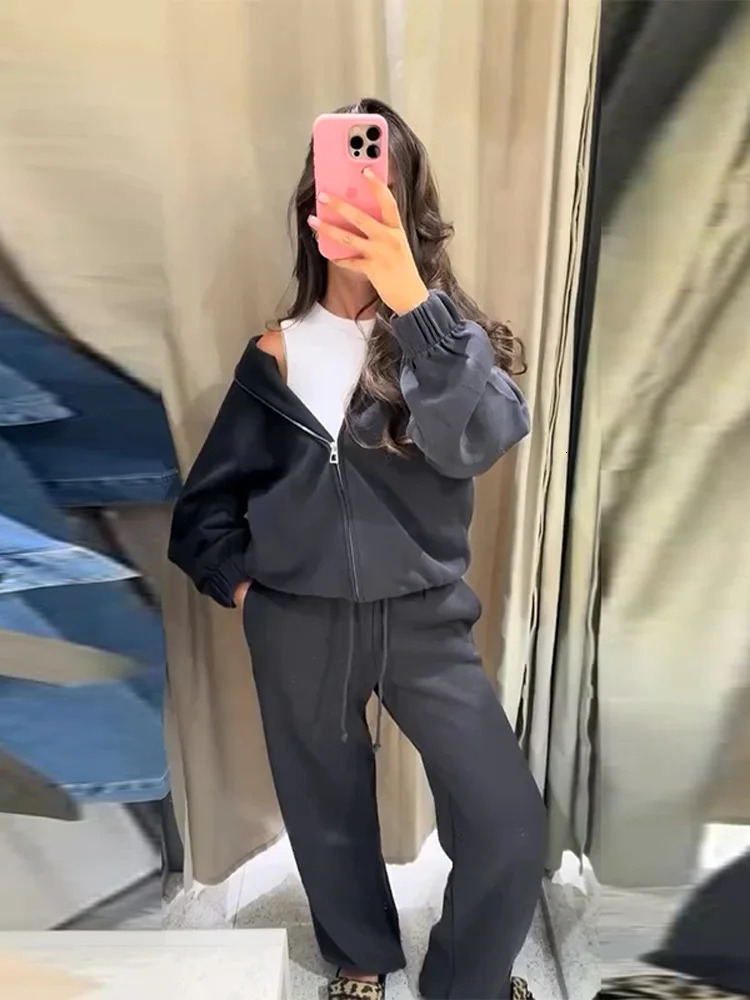 Women Sweatsuit Set Vintag Zipper Bomber Jackets High Waist Loose Pants Suit Female Autumn Fashion Lady Sportswear 2025 251105