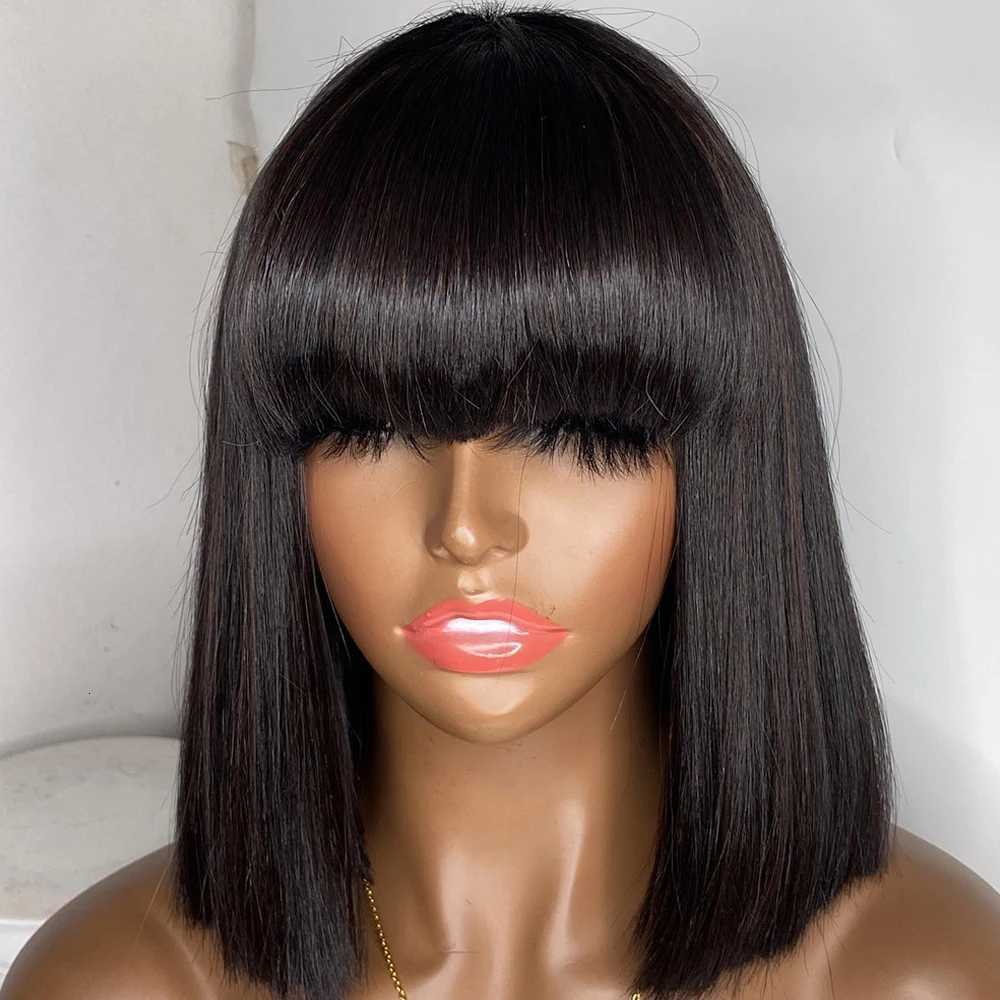 Pre Plucked Short Bob Human Hair Bone Straight Wig With Bangs 3x1 Lace Wig Glueless Brazilian Wig For Black Women Ready To WearT251111