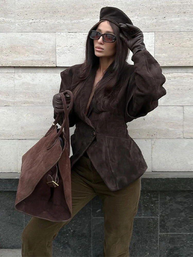 Talenza Vintage Brown Suede Jacket Women Fashion Solid V Neck Long Sleeve Pocket Lapel Single Button Coat Fashion Street Outwear 251106