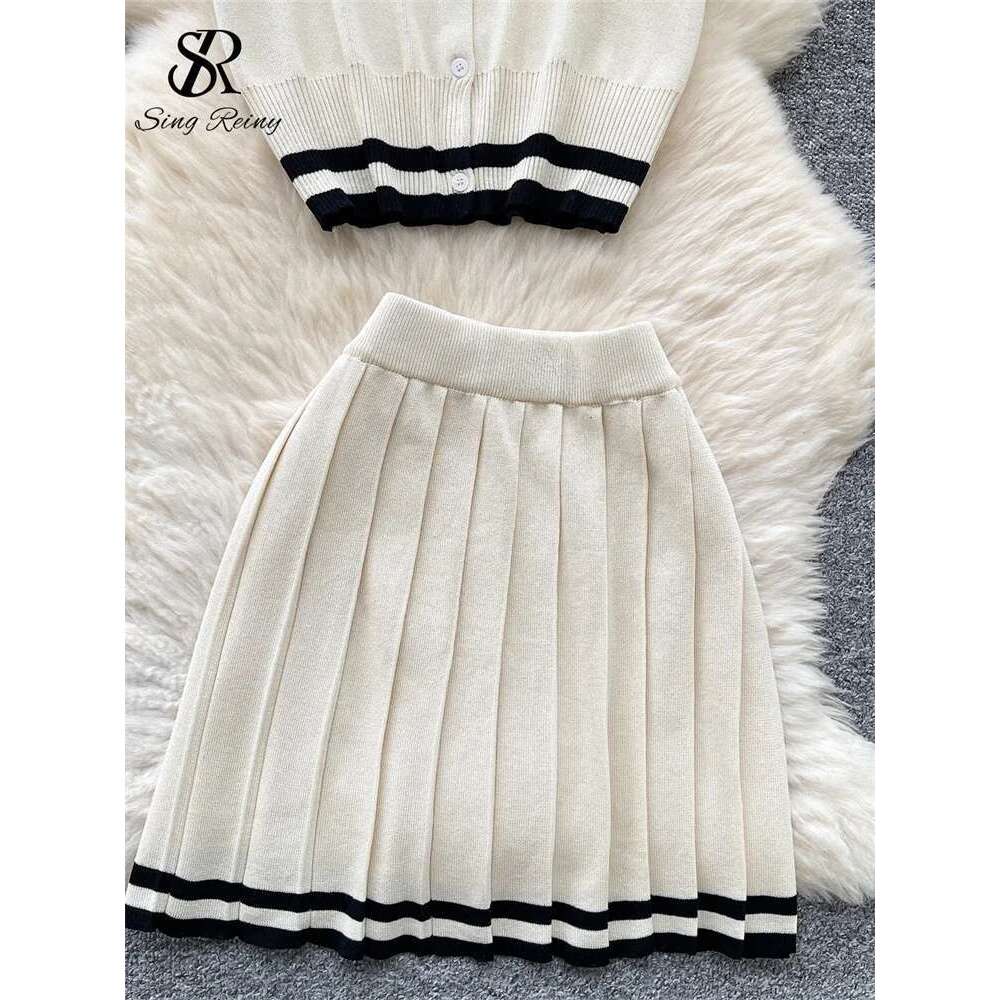SINGREINY Preppy Style Trendy Suits Single Breasted Letter Design Pullover+High Waist Pleated Skirt 2025 Summer Women Knit Sets