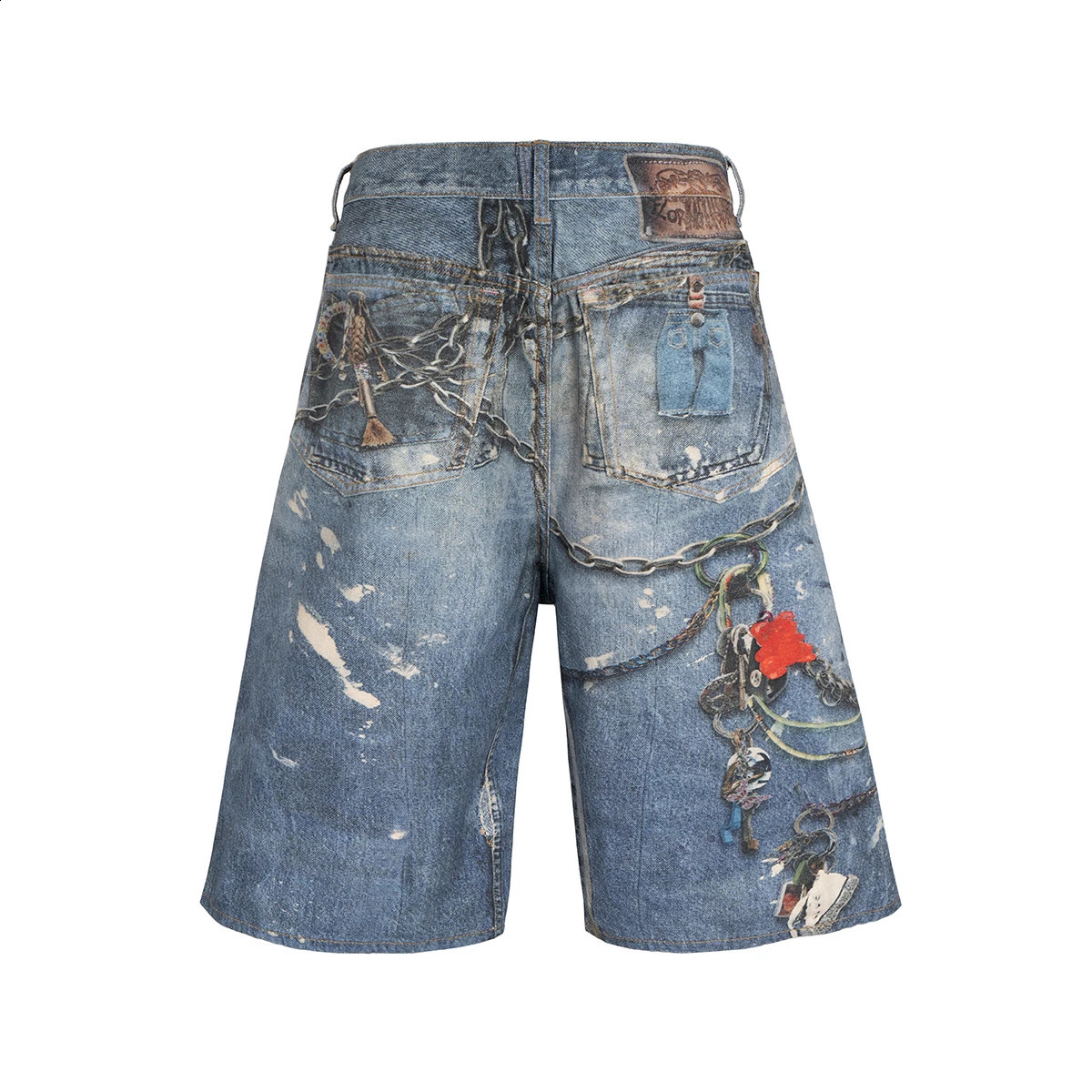 3D printing splicing work bag jeans mens street clothing summer wide leg splicing work casual loose knee length pants 250410