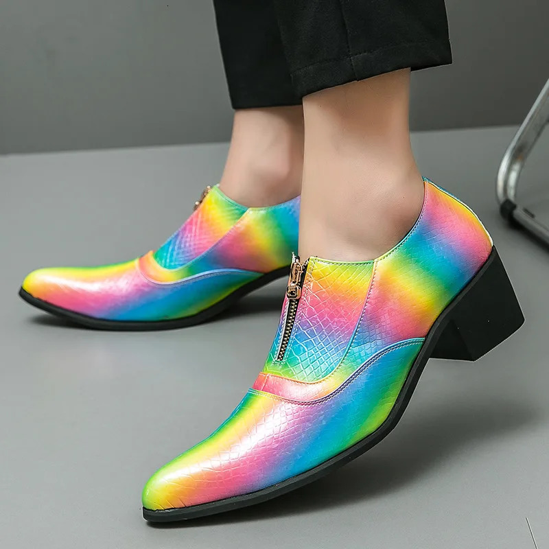 Colorful Mens High Heel Shoes Pattern Leather Shoes Men Dress Shoes Pointed Party Wedding Oxfords 251106