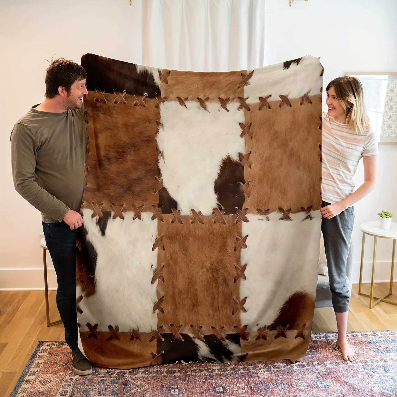 Faux Cowhide Flannel Blanket Designed With Stitched Accents Ideal For Rustic Living Room Decoration Providing Plush Feel C251111