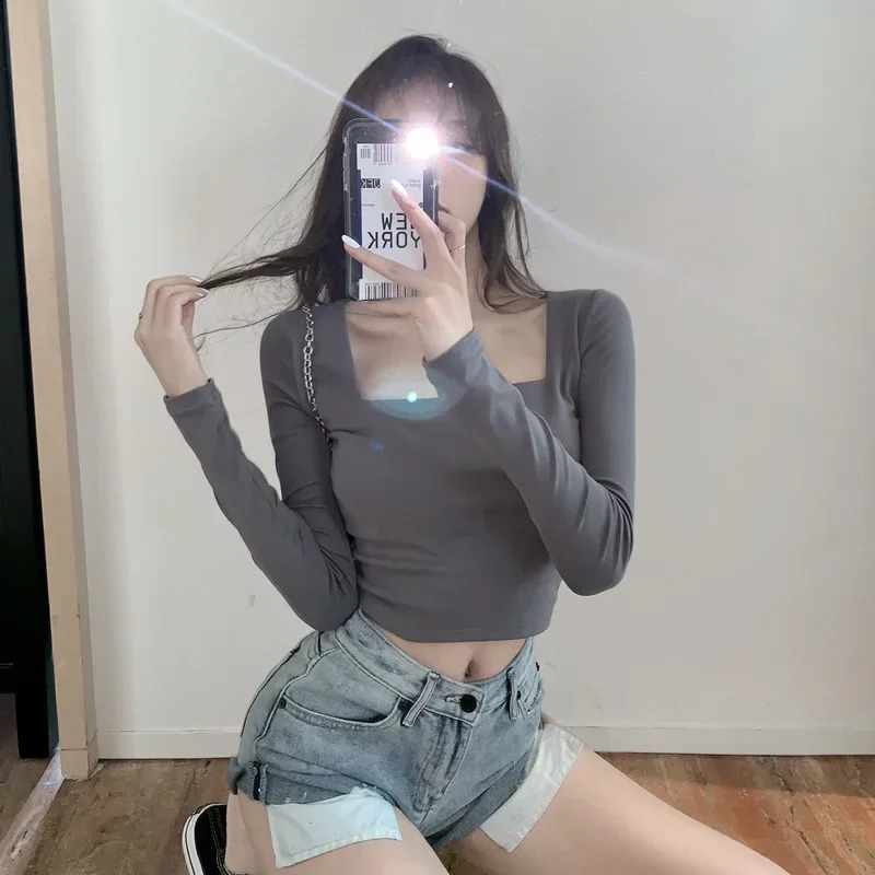 Sexy square neckline womens cut BM style bottom Tshirt high waisted long sleeved suitable for spring and summer 250407