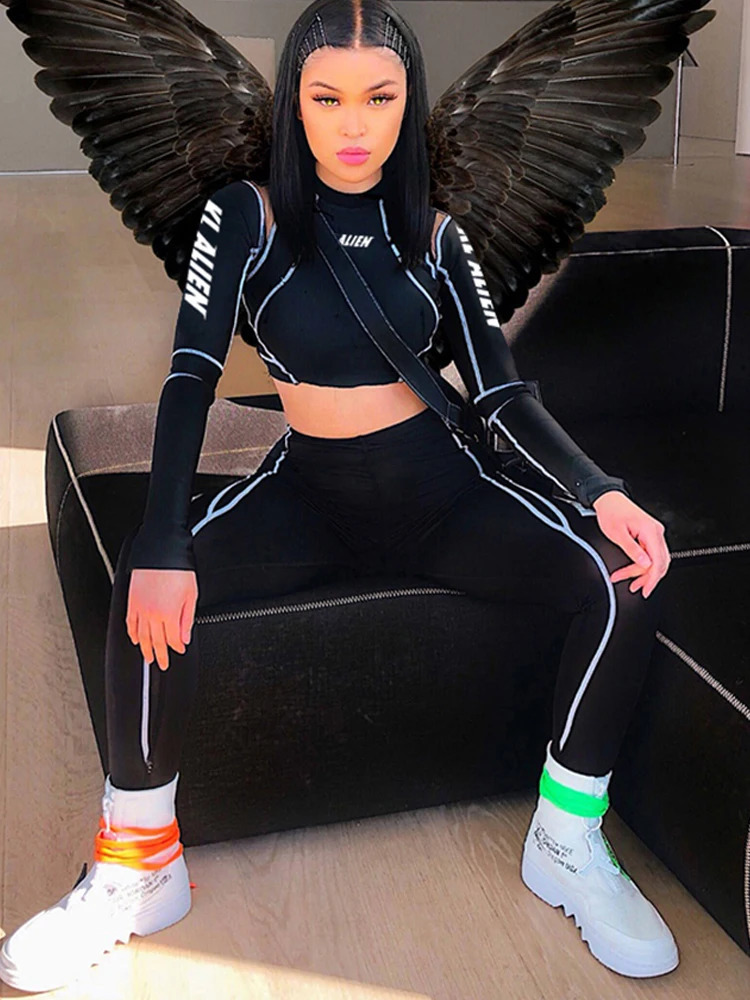 Weird Puss Womens Sportswear Letter Printing 2piece Set Fitness Full Sleeve Crop Top Elastic Leg Active Leisure Slimming 250411