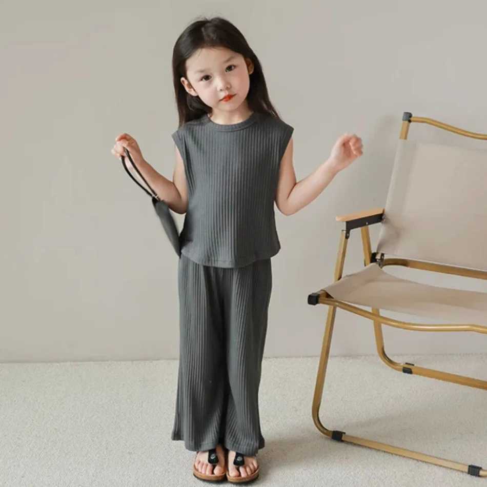 Childrens clothing summer new girl ice silk set girl summer loose set sleeveless vest top pants two-piece set childrens setXJ250410