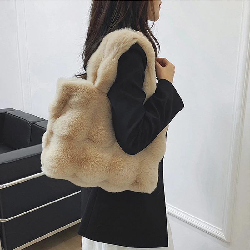 Women Fluffy Shoulder Bags Autumn Winter Tophandle Handbag Girls Plush Tote Bag Solid Color Versatile Handle 251103