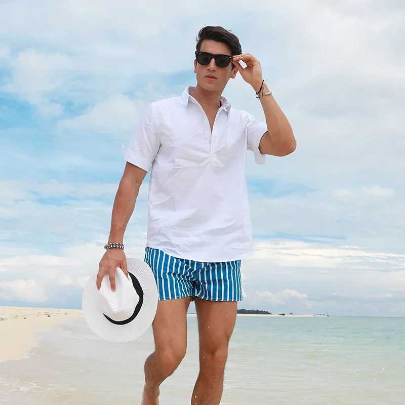 Mens clothing 2023 beach pants mens beach vacation white striped shorts hot spring swimsuit liningW250410