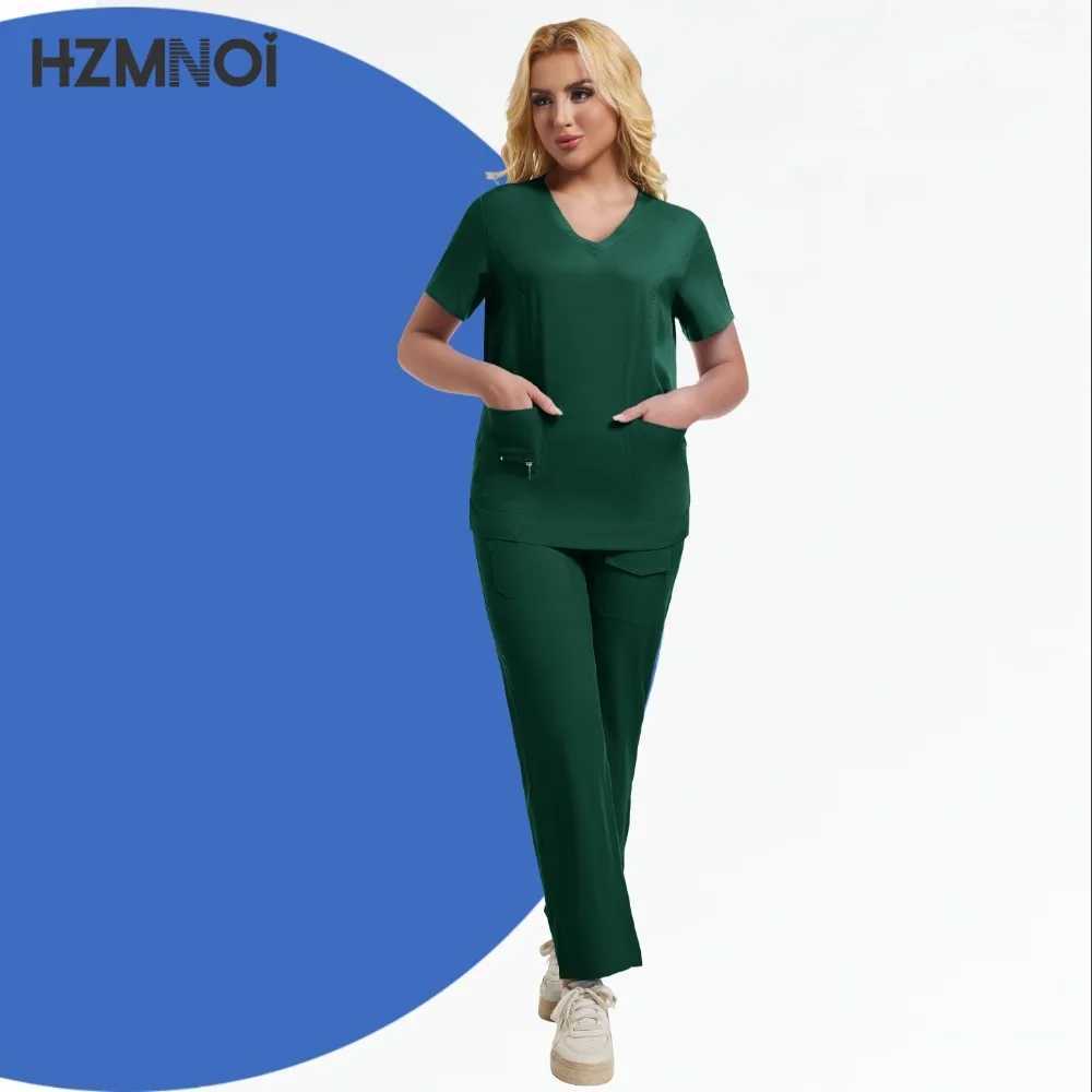 Solid Color Breathable Nursing Scrubs Women Uniforms Elasticity Pet Clinic Nurse Workwear Medical Doctor Thin Clothing X250410