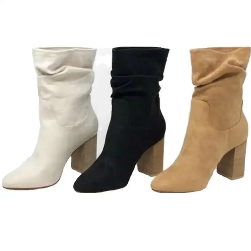 High Heel Ankle Boots Women Fashion Suede Boots Thick Heel Ladies Shoes Slip on Short Boots for Woman Shoes Drop Ship Plus Size 251110