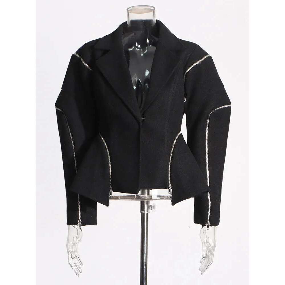 TWOTWINSTYLE Solid Spliced Zipper Jackets For Women Notched Collar Long Sleeve Patchwork Button Streetwear Coats Female Fashion