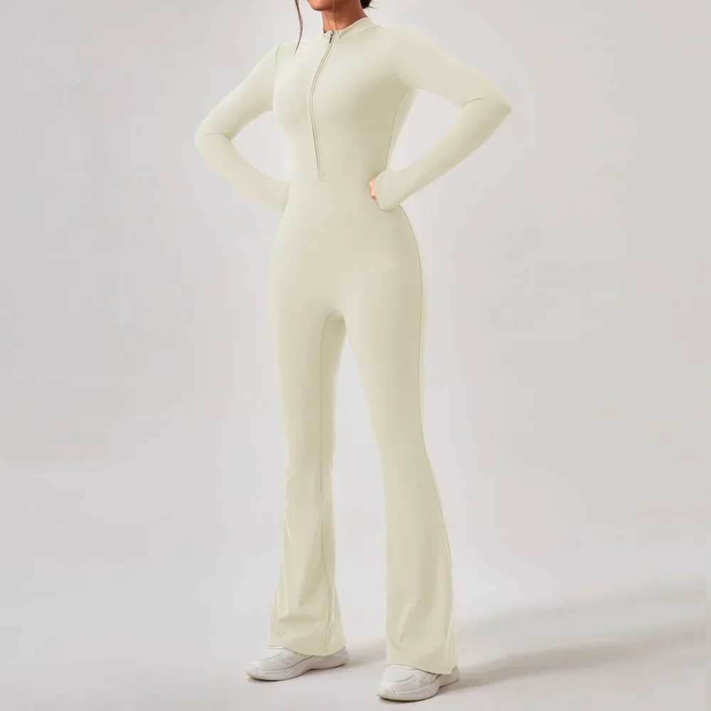 Zipper long sleeved yoga jumpsuit wide leg Flare womens sportswear quick drying gym running set one-piece sportswearW250411