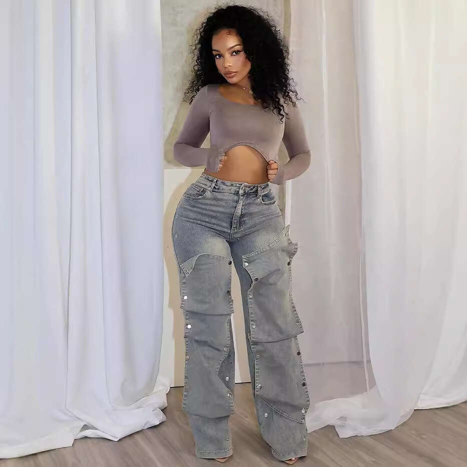 Women's Wear Women's Wear Women's Straight Leg Jeans, Women's Autumn Street Trendsetters, Detachable Button High Waisted Pants
