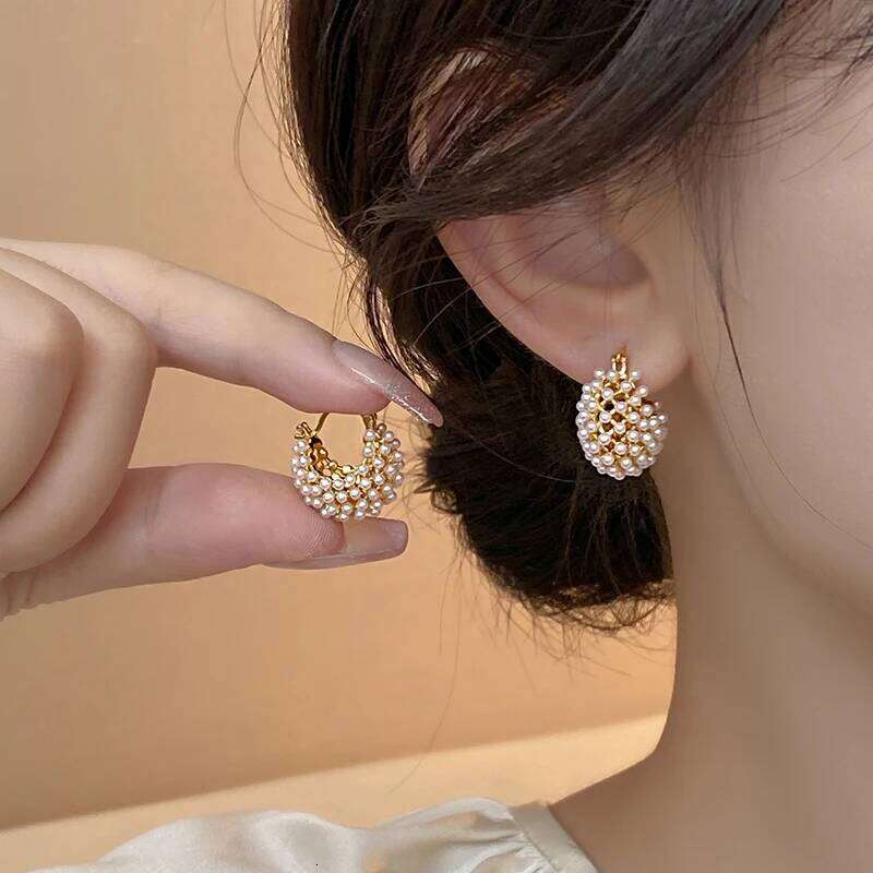 2025 New Design Rice Pearl Embellished Metal Flower Basket Earrings For Korean Women's Fashion Jewelry Ear Accessories