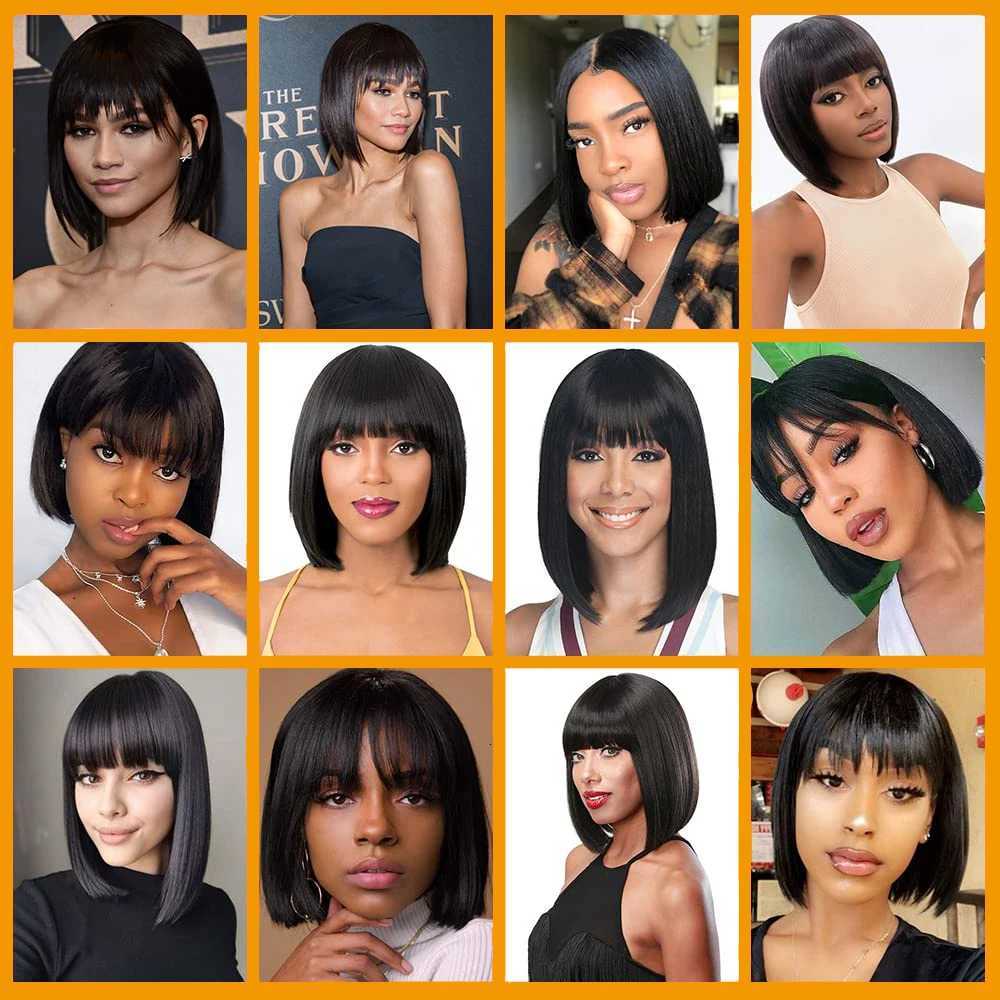 Short Bob Wigs Straight Human Hair Wigs Full Machine Made Wigs With Bangs Brazilian 100 Human Hair Wigs Natural Color 8-14 InchT251111