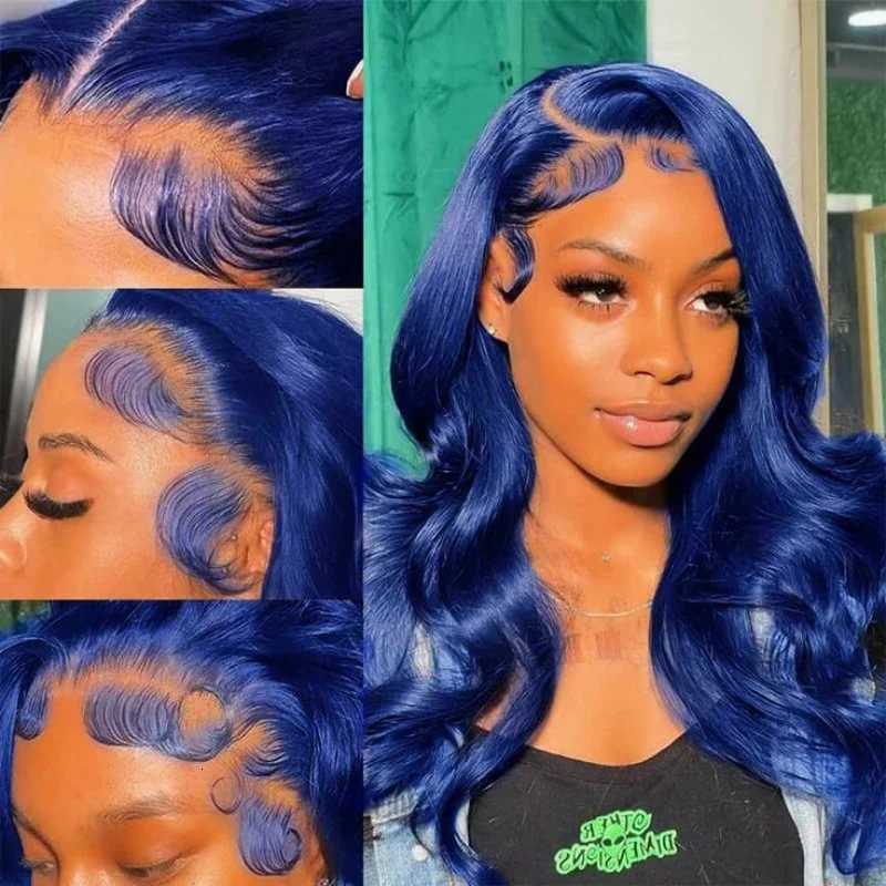 Dark Blue 13x4 HD Lace Front Human Hair Wigs For Women Pre Plucked Blue Body Wave Transparent Lace Frontal Wigs 100 Human HairT251111