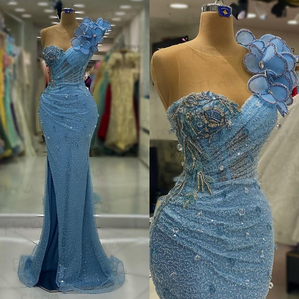 Blue One Shoulder Prom Dress 3D Flowers Beaded Evening Dresses Elegant Formal Guest Gowns Customized Birthday Wear