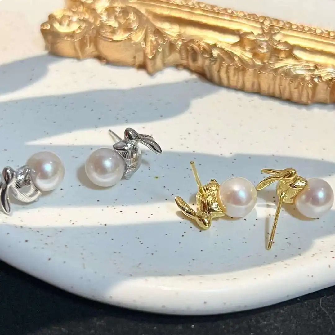 925 sterling silver earrings rabbit earrings 7-8MM natural round freshwater pearl earrings pearl jewelry 250409