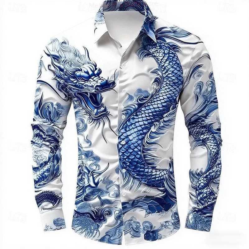 multicolour Dragon Mens Long Sleeve Shirt Button Fashion Casual Shirt Vacation Everyday Spring Lapel 3D Printed Mens Clothing K251110