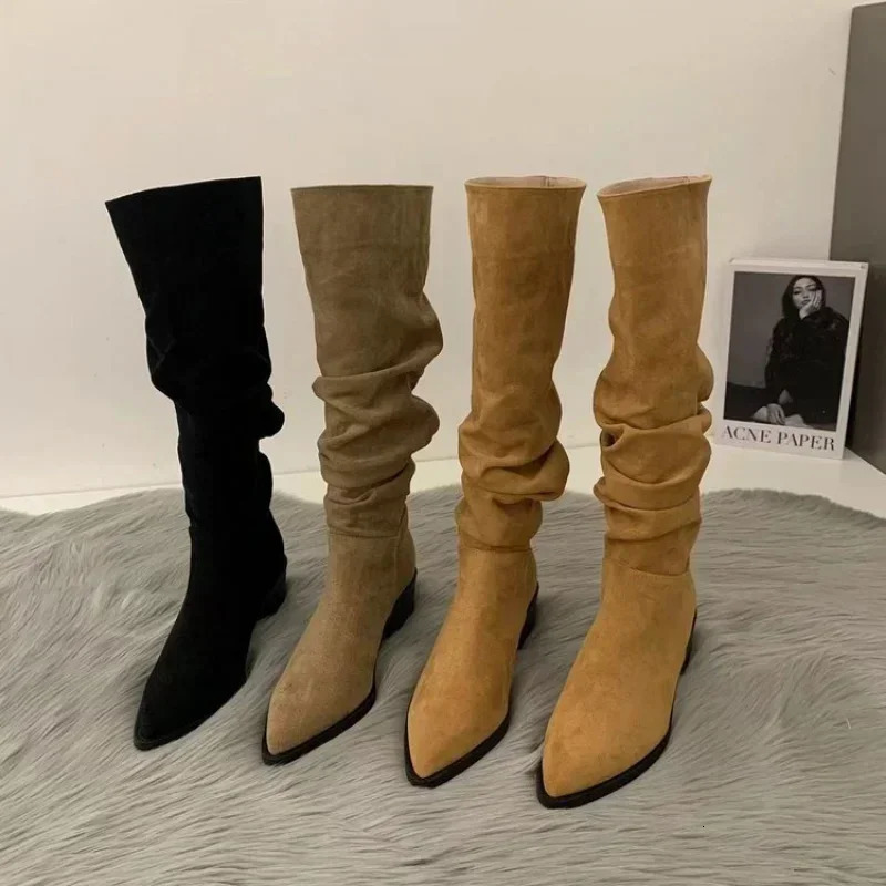 Women Knee High Boots Autumn Winter Female Shoes Fashion Female Slip-on Folds Low Heel Round Toe Flat Long Boots Botas De Mujer 251110