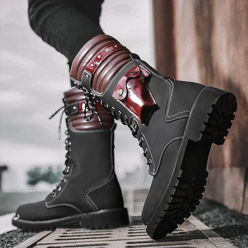 Winter High Heel Men Boots Casual Fashion Punk Motorcycle Boots Lace-up Leather Biker Solid Boot Military Men Shoes 251106