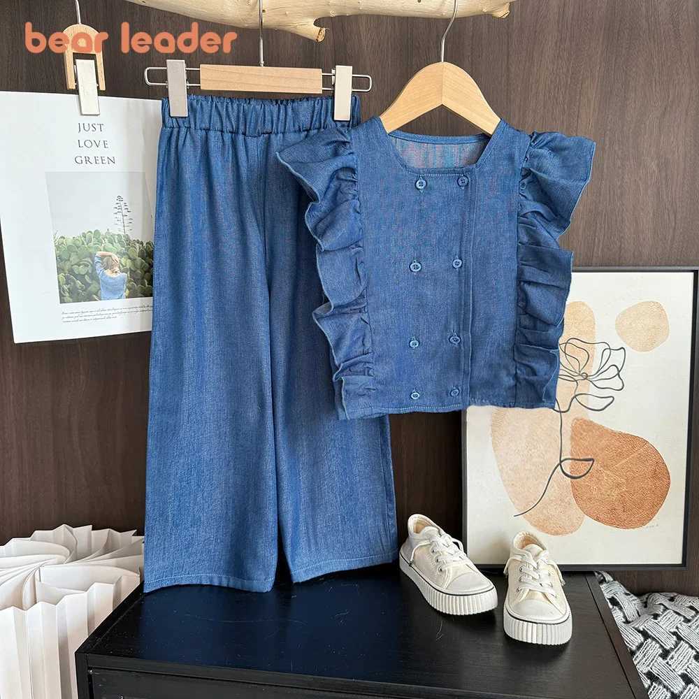 Bear collar toddler girl summer solid color imitation denim childrens suit blue ruffled sleeveless vest+pants 2-piece setXJ250410