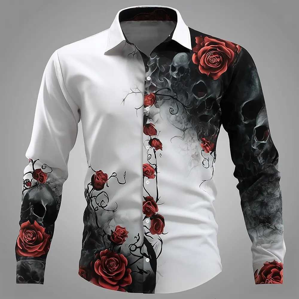 Mens Floral Print Rose Flowers Shirt Button Up Shirt Long Sleeve Dark Gothic Style Streetwear Summer 3D Print Collared Shirts K251110